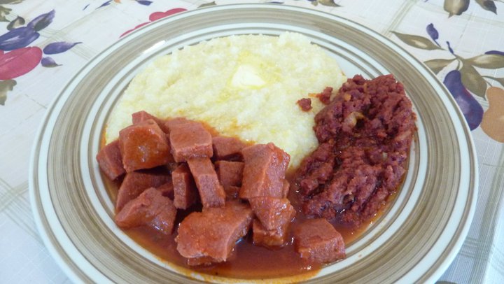 steamed sausage, corned beef and grits